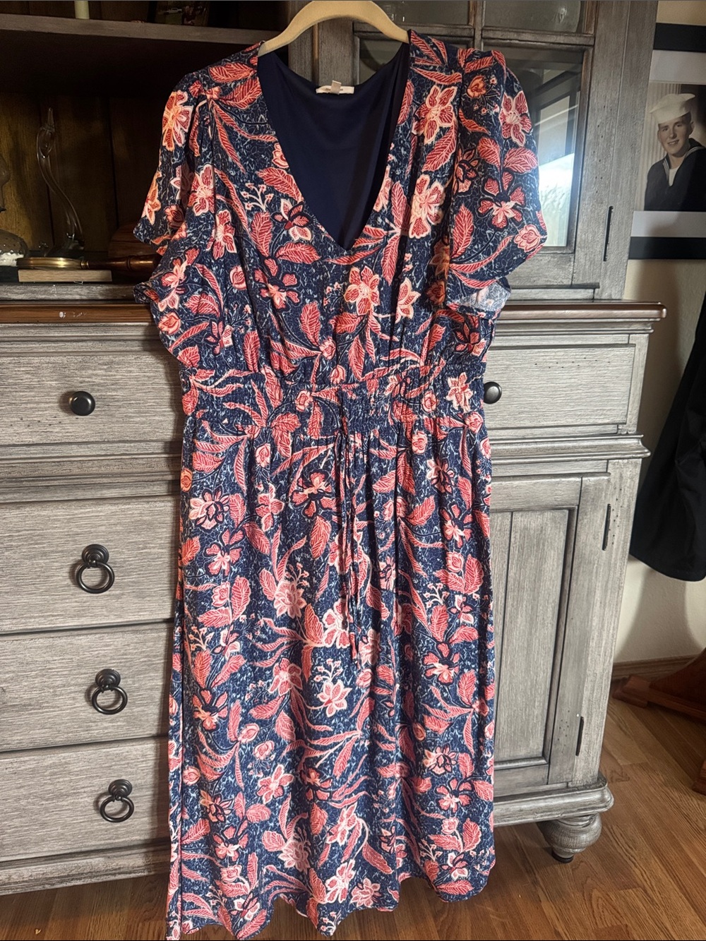 Maurices Navy and Coral Floral V-Neck Midi Dress